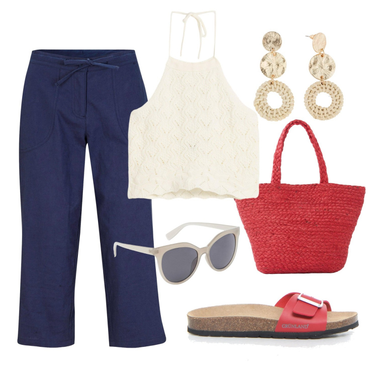 Outfit donna - Riviera look!. Stile Vintage retrò per Mare. Abbinamento con orecchini, pantaloni capri, top, borse a tracolla, shopping bag, ciabatte.