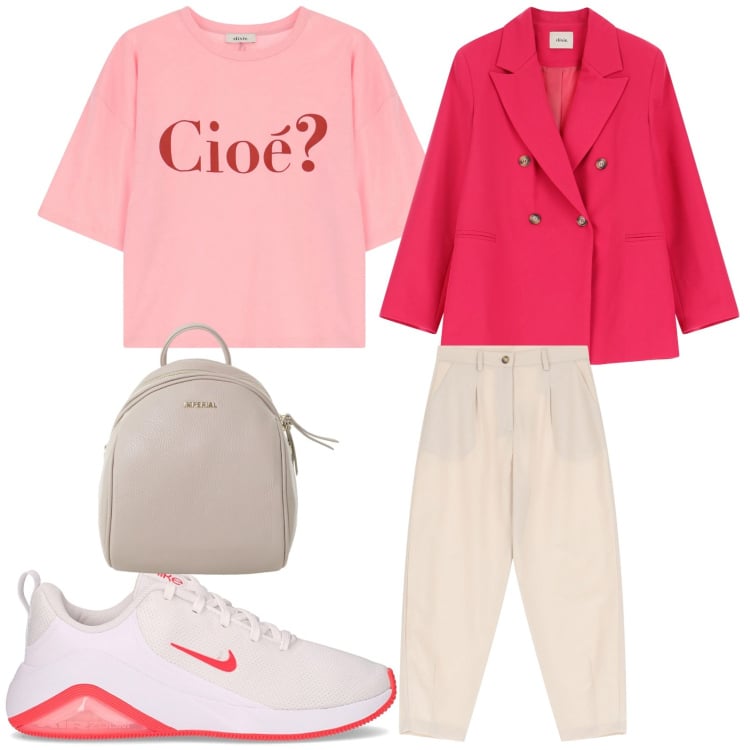 Outfit donna - Total look #2183642. Stile Casual per Tutti i giorni. Abbinamento con zaini, blazer, t-shirt, pantaloni, sneakers.