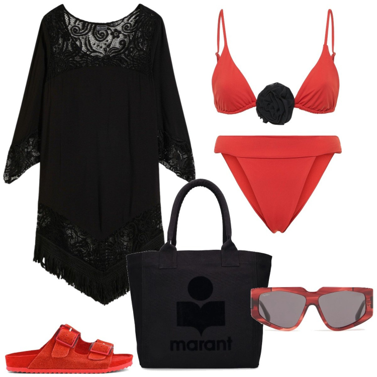 Outfit donna - Al mare. Stile Chic per Mare. Abbinamento con vestiti da spiaggia, bikini, occhiali da sole, shopping bag, sandali, bikini.