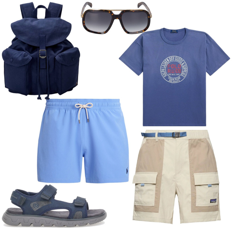 Outfit uomo - Tutti al mare. Stile Casual per Mare. Abbinamento con borse sportive, t-shirt, costumi, sandali, occhiali da sole, shorts.