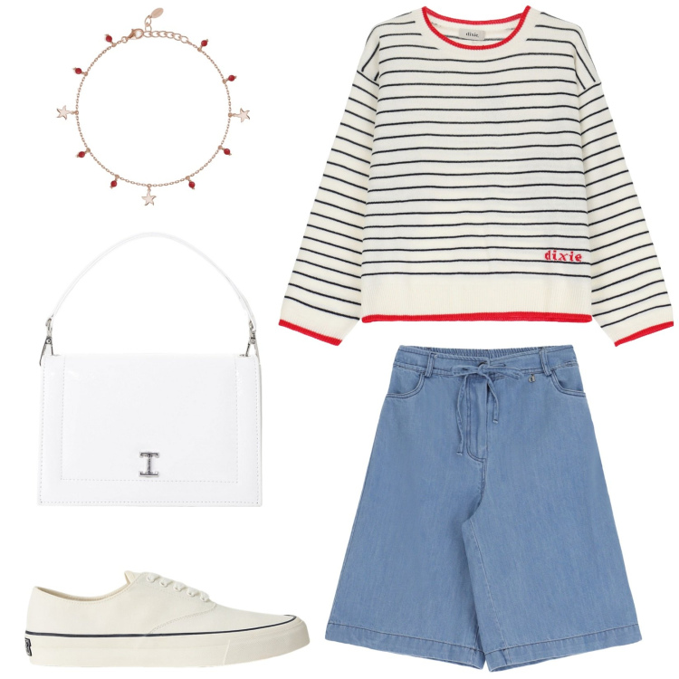 Outfit donna - Per le stradine. Stile Casual per Tutti i giorni. Abbinamento con braccialetti con ciondoli, borse a tracolla, bermuda, maglieria, sneakers.