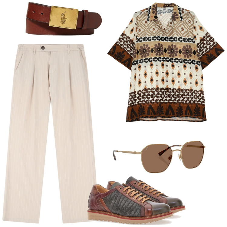 Outfit uomo - Freedom. Stile Casual per Tutti i giorni. Abbinamento con pantaloni, camicie a manica corta, occhiali da sole, cinture, scarpe stringate.