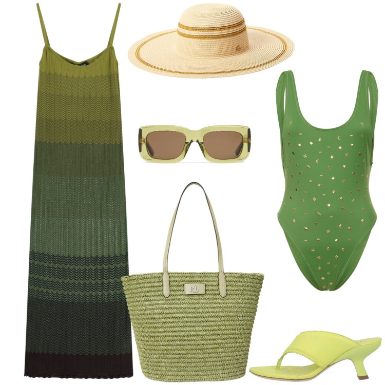 Outfit donna - In spiaggia. Stile Chic per Mare. Abbinamento con ciabatte, vestiti lunghi, cappelli, borse tote, occhiali da sole, costumi interi.
