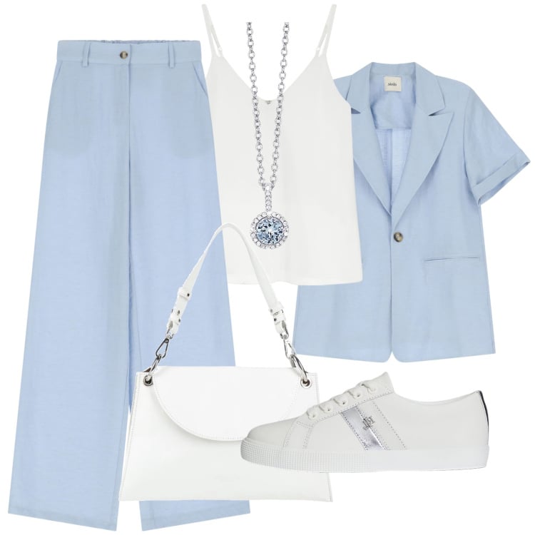 Outfit donna - Look estivo in ufficio - @ambrosiajsi. Stile Casual chic per Ufficio. Abbinamento con borse a mano, collane, sneakers, blazer, pantaloni, top.