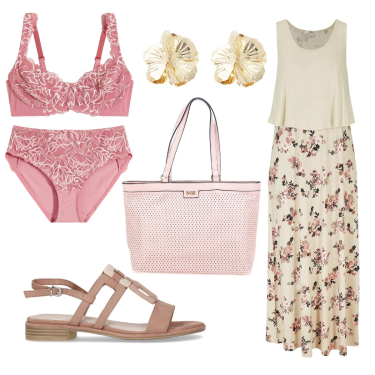 Outfit donna - Fiorellini rosa sull’abito fresco. Stile Boho per Tutti i giorni. Abbinamento con vestiti lunghi, reggiseni, culotte, orecchini, sandali, borse a spalla.