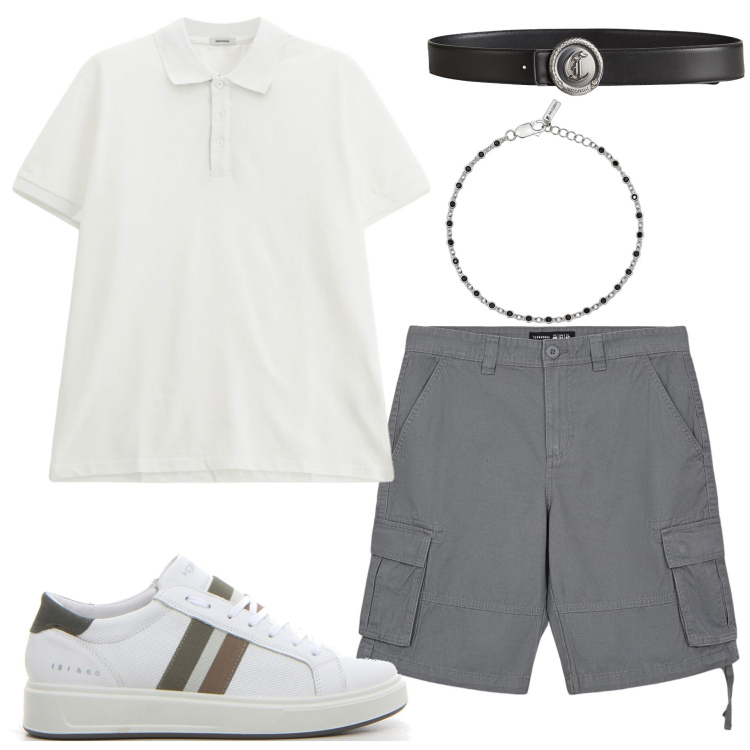 Outfit uomo - Basic style. Stile Casual per Tutti i giorni. Abbinamento con cinture, bermuda, braccialetti, polo, sneakers.