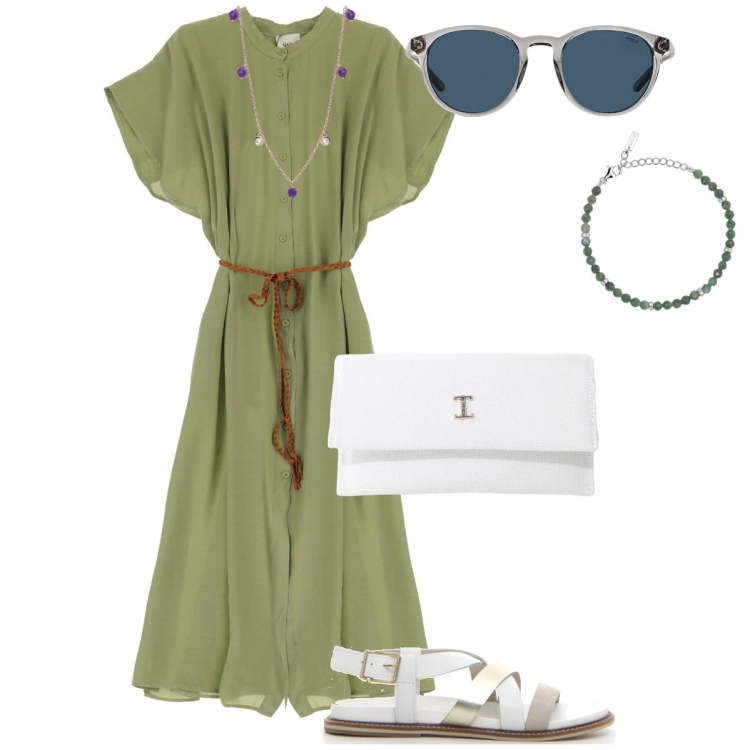 Outfit donna - Passeggiata. Stile Casual chic per Tutti i giorni. Abbinamento con collane, braccialetti, borse a tracolla, vestiti midi/longuette, occhiali da sole, sandali.