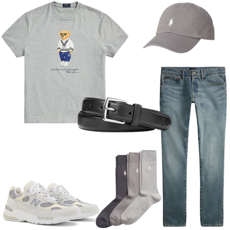 Outfit uomo - Casual style. Stile Casual per Tutti i giorni. Abbinamento con sneakers, cinture, cappelli, jeans, t-shirt, calzini.