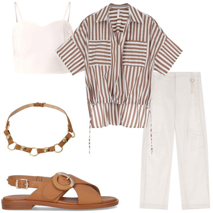 Outfit donna - Riviera look. Stile Casual chic per Mare. Abbinamento con canottiere, camicie a manica corta, pantaloni, cinture, sandali.