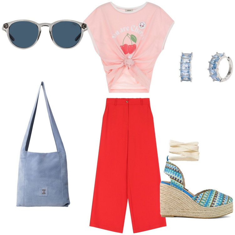 Outfit donna - Dixie a Positano. Stile Sporty chic per Tutti i giorni. look ideale per Petite. Abbinamento con orecchini, borse a tracolla, pantaloni a palazzo, t-shirt, occhiali da sole, zeppe.