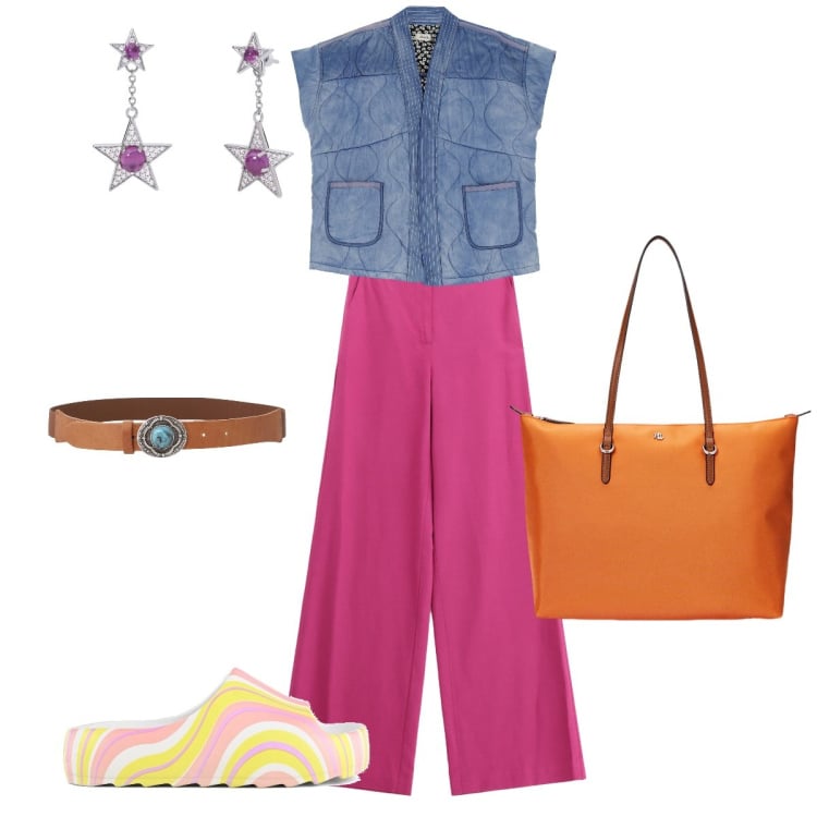Outfit donna - Dixie a Positano. Stile Sporty chic per Tutti i giorni. look ideale per Tall. Abbinamento con orecchini, pantaloni, camicie, cinture, borse tote, ciabatte.