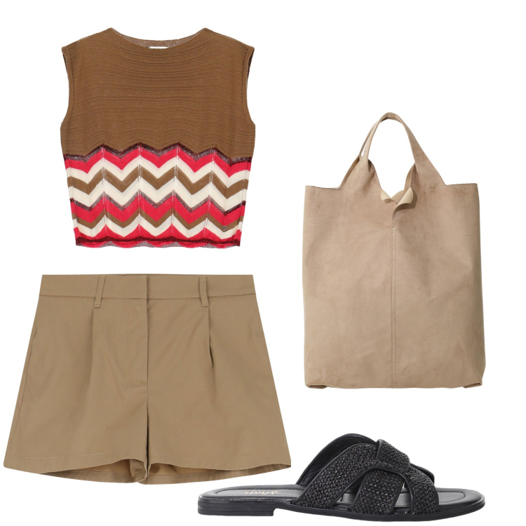 Outfit donna - Aperitivo. Stile Trendy per Tutti i giorni. Abbinamento con shorts, maglieria, sandali, shopping bag.