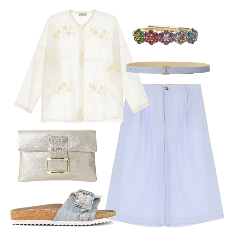 Outfit donna - Pomeriggio a Positano!. Stile Casual chic per Mare. Abbinamento con anelli, cinture, pochette, shorts, camicie, sandali.