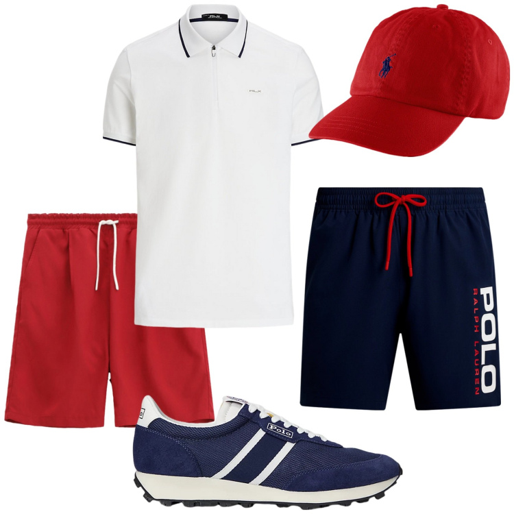 Outfit uomo - Total look #2183737. Stile Trendy per Mare. Abbinamento con bermuda, cappelli, sneakers, costumi, polo.