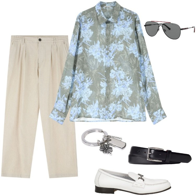 Outfit uomo - Total look #2183739. Stile Casual per Serata speciale. Abbinamento con scarpe stringate, portachiavi, camicie, pantaloni, occhiali da sole, cinture.