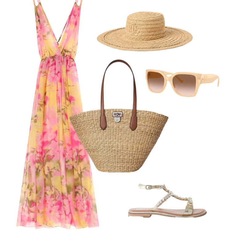 Outfit donna - Vacanza a positano. Stile Glamour per Mare. Abbinamento con vestiti lunghi, sandali, occhiali da sole, borse tote, cappelli.
