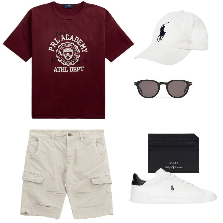 Outfit uomo - Total look #2183746. Stile Casual per Tutti i giorni. Abbinamento con bermuda, cappelli, t-shirt, portafogli, sneakers, occhiali da sole.