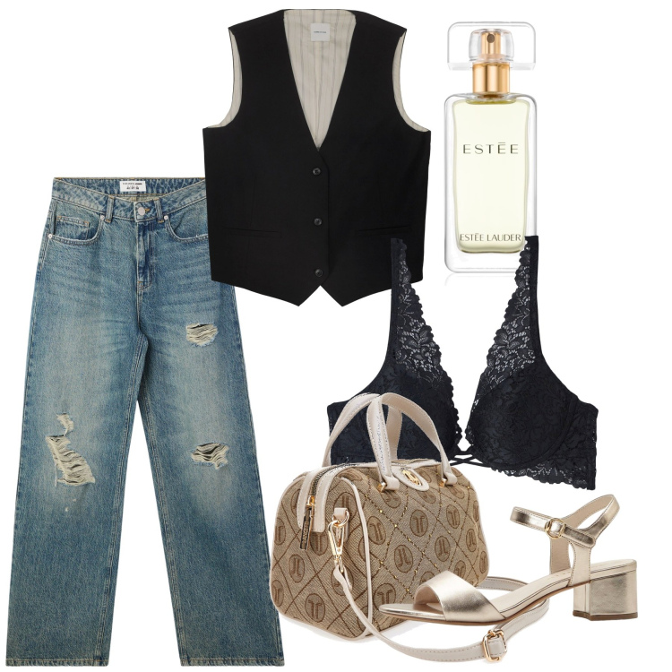 Outfit donna - Giugno. Stile Casual chic per Serata fuori. Abbinamento con sandali col tacco, profumi, jeans strappati, reggiseni, borse a mano, gilet.