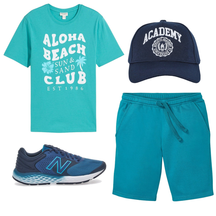 Outfit uomo - I colori della mia estate. Stile Casual per Tutti i giorni. Abbinamento con bermuda, t-shirt, cappelli con visiera, sneakers.