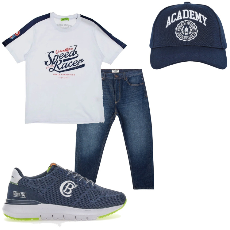 Outfit uomo - Posso fare una foto. Stile Urban per Tutti i giorni. Abbinamento con jeans, cappelli con visiera, t-shirt, sneakers.