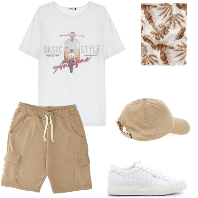 Outfit uomo - Total look #2183755. Stile Trendy per Tutti i giorni. Abbinamento con t-shirt, sciarpe e foulard, pantaloni corti, cappelli, sneakers.