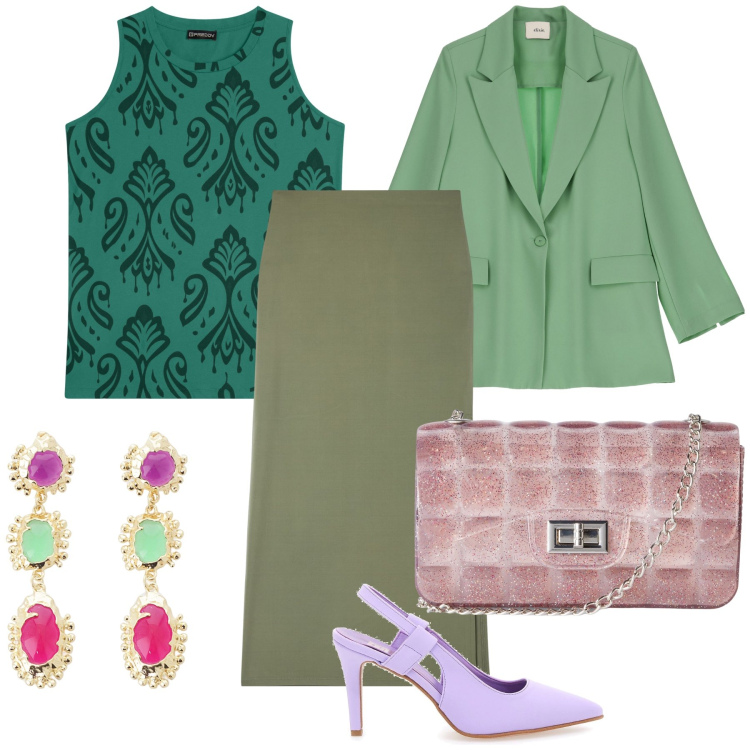 Outfit donna - Ufficio green e un po’ lilla. Stile Bon Ton per Ufficio. Abbinamento con gonne lunghe, borse a tracolla, orecchini, blazer, canottiere, décolleté.