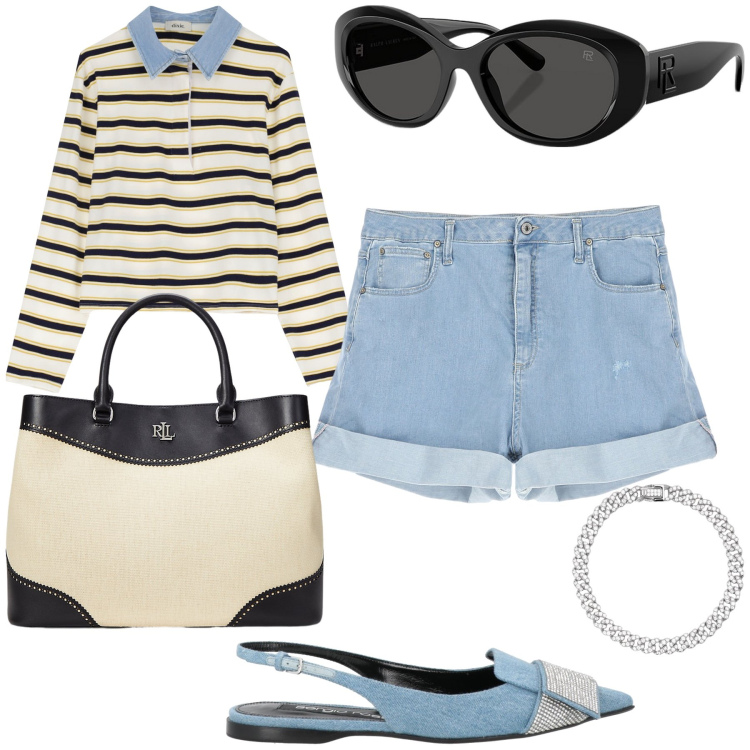 Outfit donna - Bon ton con pantaloncini. Stile Chic per Tutti i giorni. Abbinamento con ballerine, braccialetti, shorts, maglieria, occhiali da sole, borse a mano.