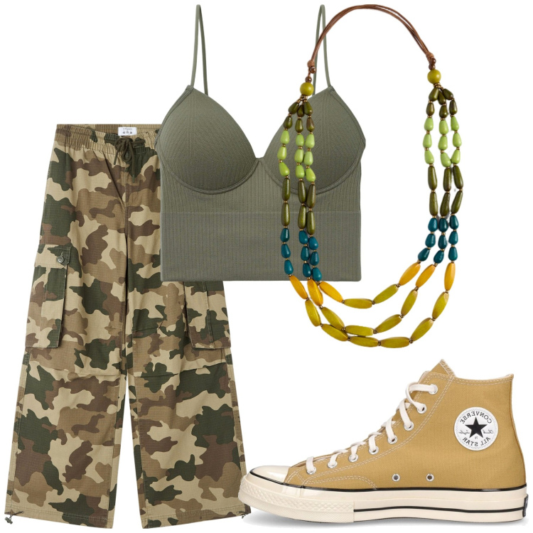 Outfit donna - Verde militare. Stile Military per Tutti i giorni. Abbinamento con top, pantaloni cargo, collane, sneakers.