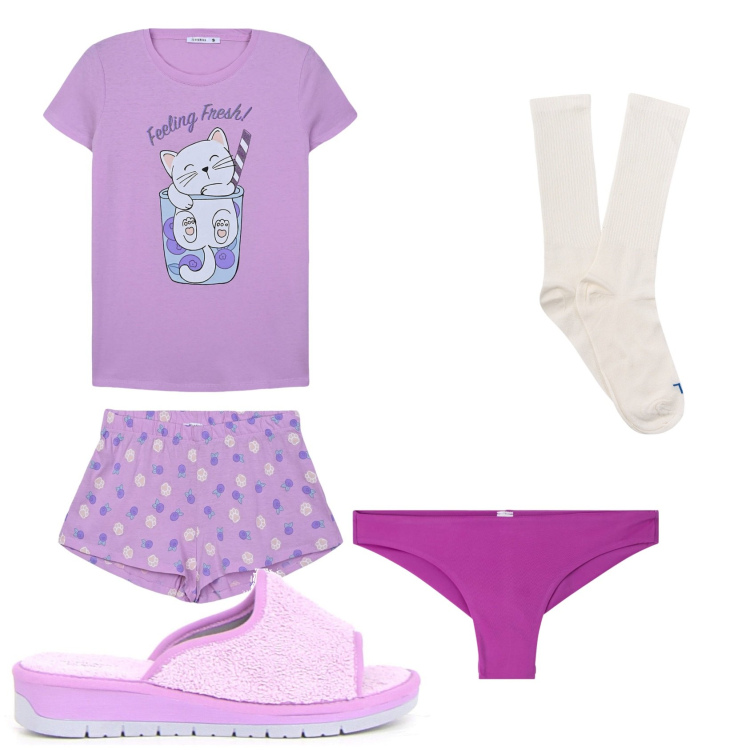 Outfit donna - La notte lilla. Stile Basic per Tutti i giorni. Abbinamento con culotte, pigiama, calzini, ciabatte.