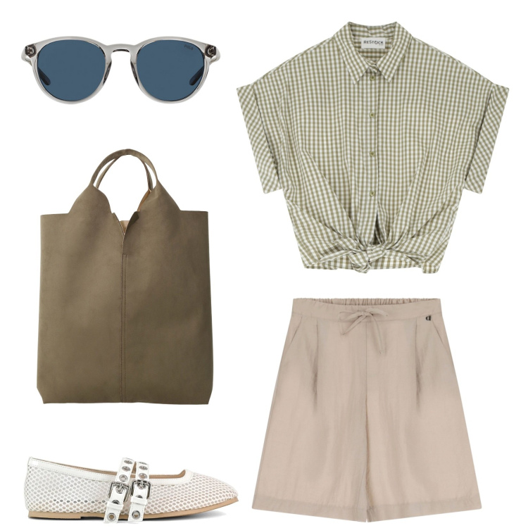 Outfit donna - Comodamente chic. Stile Casual chic per Tutti i giorni. Abbinamento con shorts, camicie, shopping bag, occhiali da sole, ballerine.