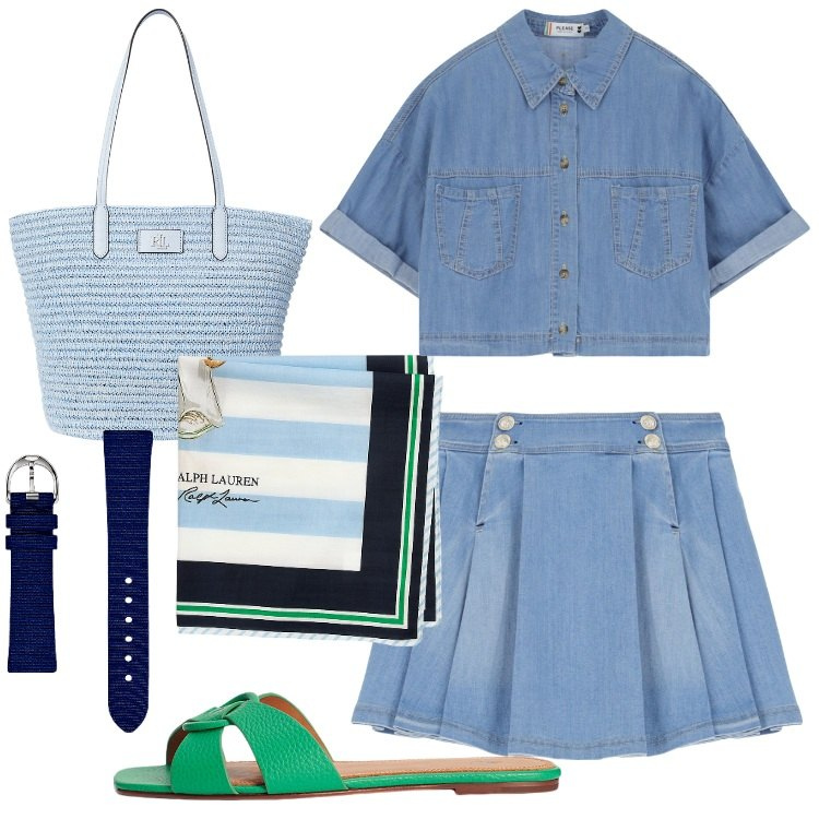 Outfit donna - Please - Drive me to the sea!. Stile Casual chic per Tutti i giorni. Abbinamento con minigonne, camicie a manica corta, foulard, borse tote, orologi, ciabatte.