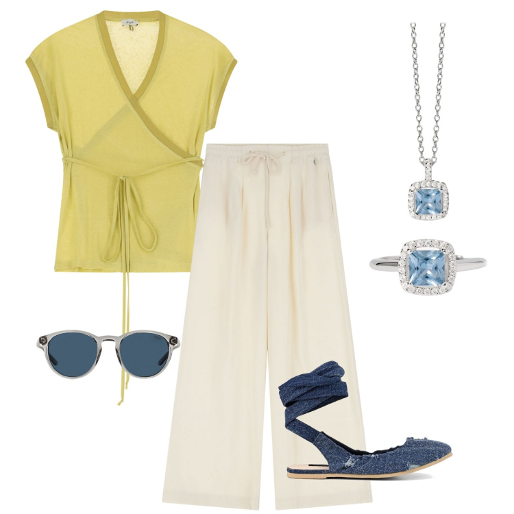 Outfit donna - Passeggiata glam. Stile Casual chic per Tutti i giorni. Abbinamento con anelli, collane, pantaloni, top, occhiali da sole, ballerine.