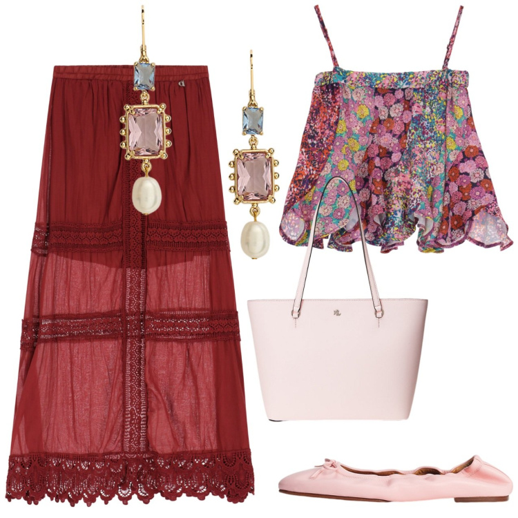 Outfit donna - Top fantasia e gonna lunga. Stile Boho per Tutti i giorni. Abbinamento con gonne lunghe, canottiere, ballerine, orecchini, borse tote.