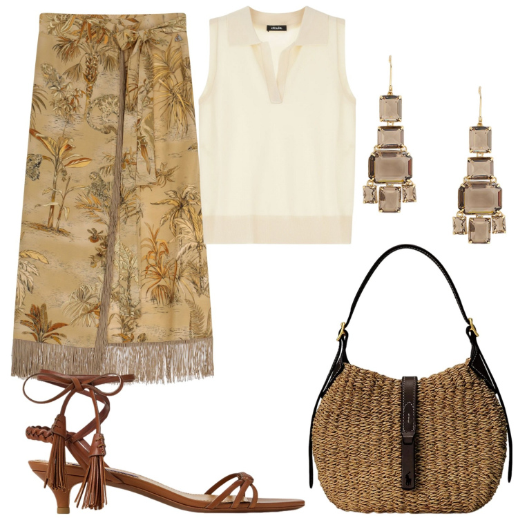 Outfit donna - Dixie Positano. Stile Etnico per Serata fuori. Abbinamento con maglieria, gonne, borse a spalla, sandali col tacco, orecchini.