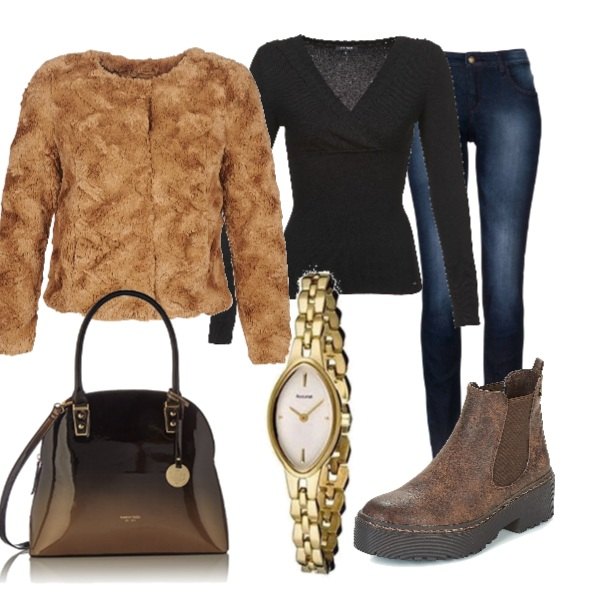 Outfit donna - Basic in ufficio. Stile Basic per Ufficio. Abbinamento con jeans skinny, maglione nero, stivaletti marrone, giubbotto marrone, borsa a secchiello, orologio oro.