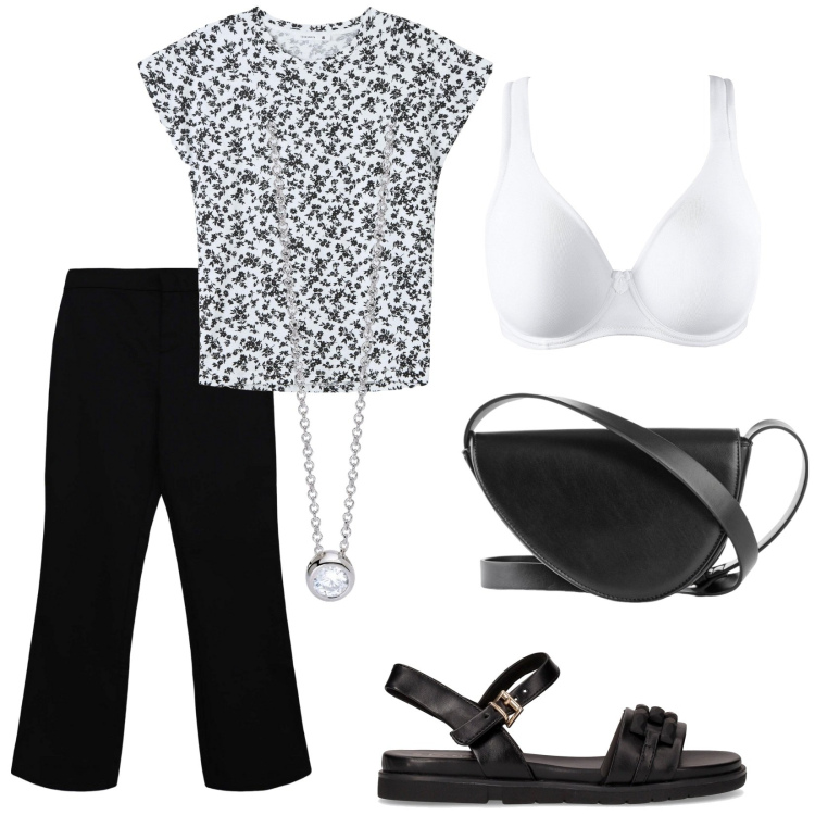 Outfit donna - Total look #2183888. Stile Casual per Tutti i giorni. Abbinamento con reggiseni, borse a tracolla, t-shirt, pantaloni, collane, sandali.
