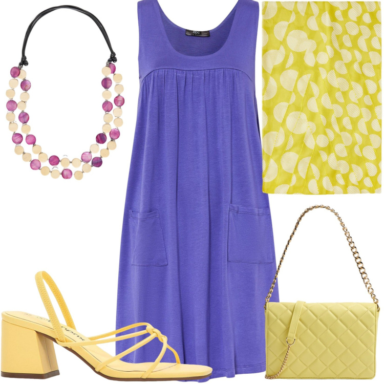 Outfit donna - Yellow and purple. Stile Casual chic per Tutti i giorni. Abbinamento con sandali col tacco, polo, borse a tracolla, stole, collane.