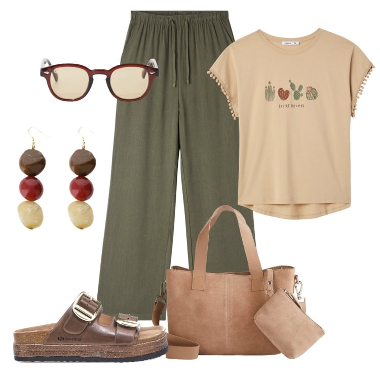 Outfit donna - Basica e fresca in città. Stile Basic per Tutti i giorni. Abbinamento con borse a mano, pantaloni, t-shirt, occhiali da sole, orecchini, ciabatte.