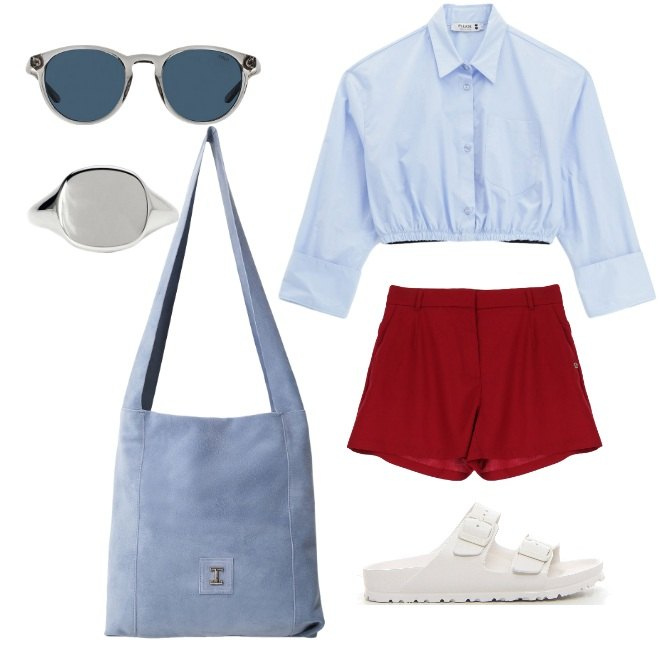 Outfit donna - Al mare stile francese. Stile Casual chic per Mare. Abbinamento con anelli, camicie, shorts, borse a tracolla, occhiali da sole, ciabatte.