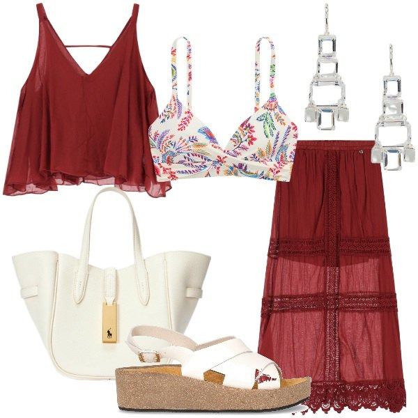 Outfit donna - Dixie a Positano. Stile Glamour per Tutti i giorni. Abbinamento con gonne lunghe, top, bikini, orecchini, borse tote, sandali.