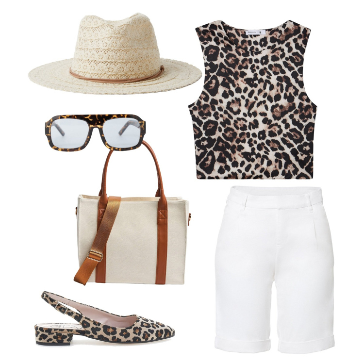Outfit donna - Estate animalier. Stile Casual chic per Tutti i giorni. Abbinamento con bermuda, top, cappelli, shopping bag, occhiali da sole, ballerine.