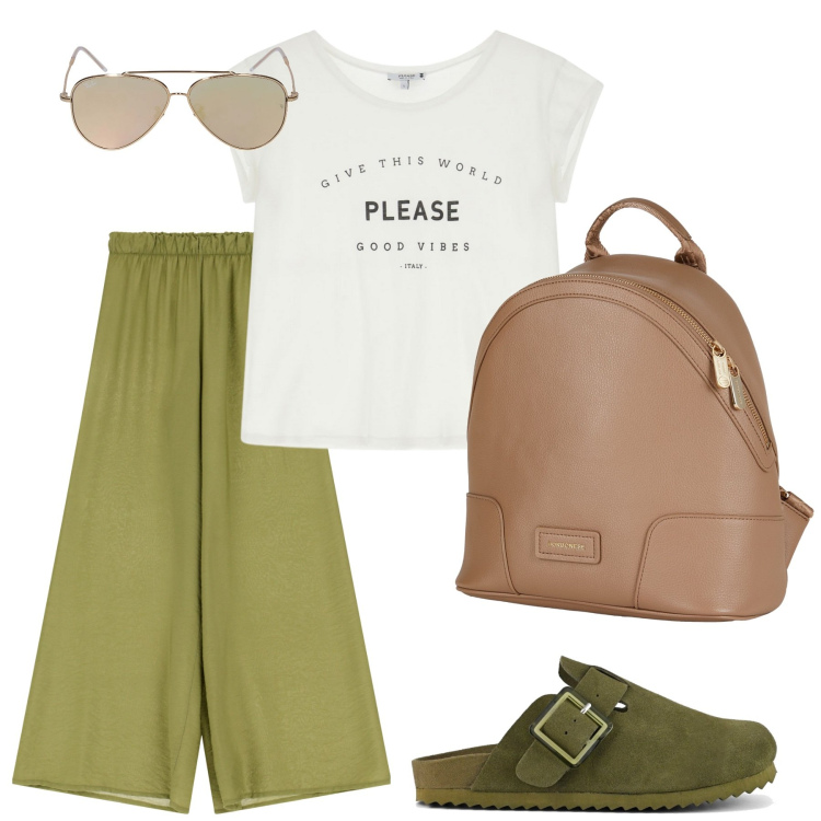Outfit donna - Mattina e pomeriggio. Stile Basic per Scuola/Università. Abbinamento con zaini, t-shirt, pantaloni, sabot, occhiali da sole.