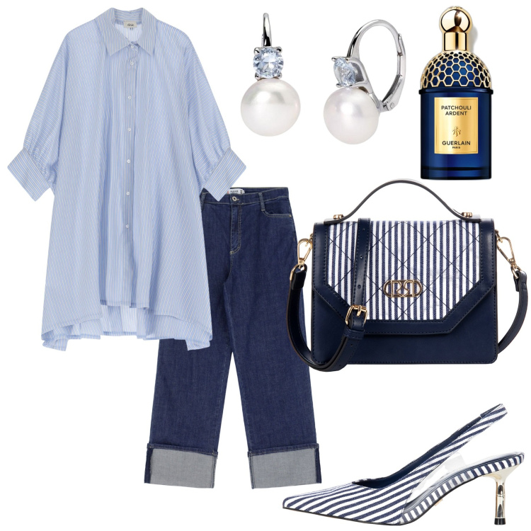 Outfit donna - Righe blu. Stile Trendy per Tutti i giorni. Abbinamento con borse a mano, décolleté, profumi, jeans, orecchini, vestiti.