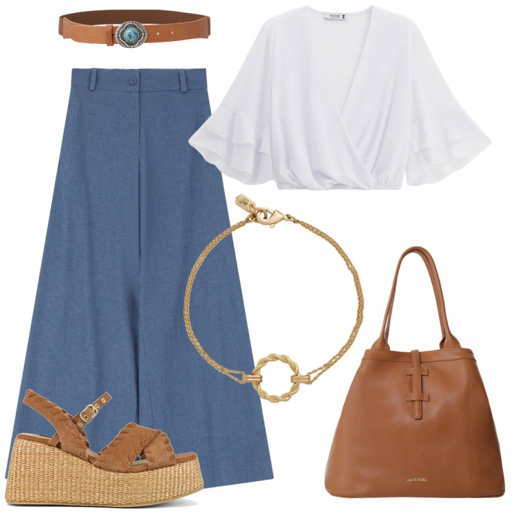 Outfit donna - Top incrociato pantaloni palazzo. Stile Boho per Tutti i giorni. Abbinamento con jeans, top, borse tote, cinture, braccialetti, zeppe.