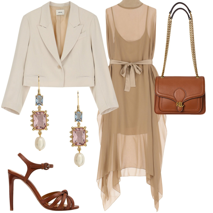 Outfit donna - Abito senape. Stile Casual chic per Serata fuori. Abbinamento con blazer, vestiti lunghi, sandali col tacco, borse a spalla, orecchini.