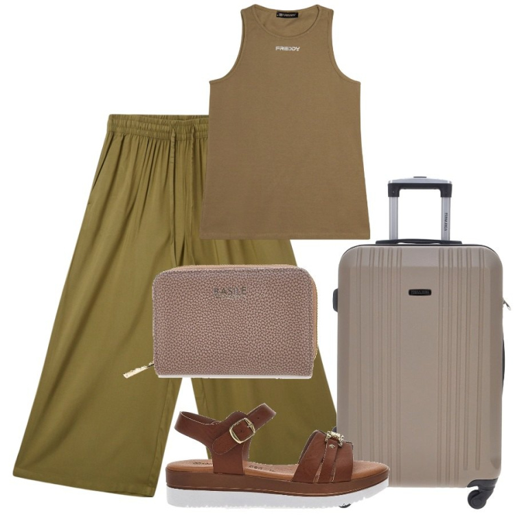 Outfit donna - Si parte a Giugno. Stile Basic per Mare. Abbinamento con pantaloni a palazzo, canottiere, sandali, valigie, portafogli.