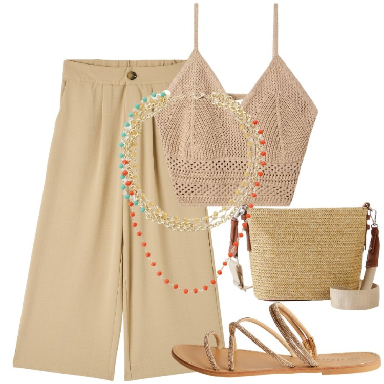 Outfit donna - Il topo BOHO. Stile Boho per Mare. Abbinamento con borse a tracolla, pantaloni a palazzo, top, sandali, collane.