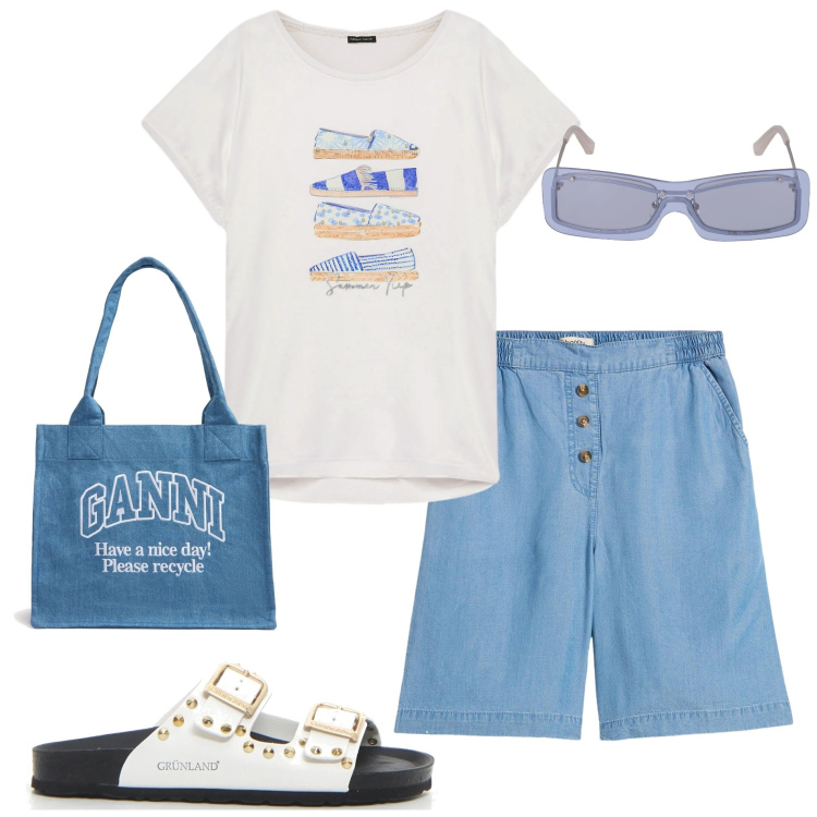 Outfit donna - Tutti i giorni. Stile Casual per Tutti i giorni. Abbinamento con shorts, t-shirt, shopping bag, occhiali da sole, ciabatte.