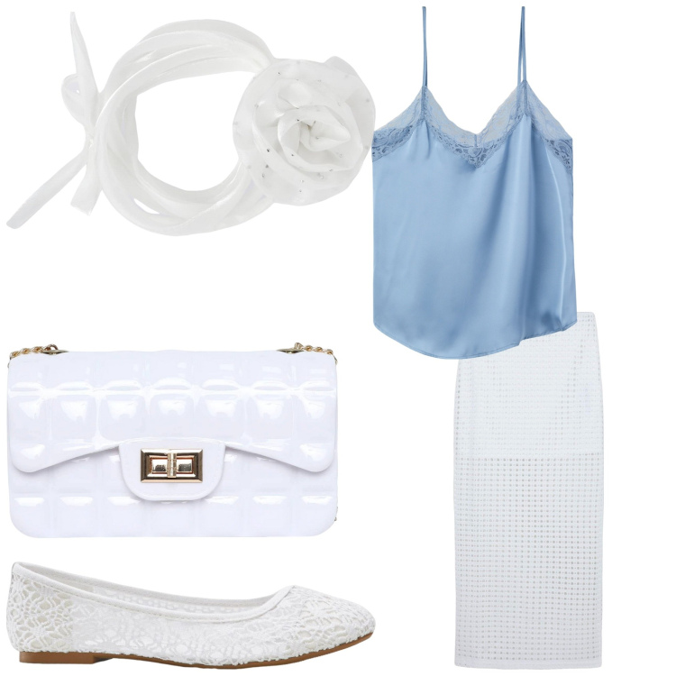 Outfit donna - Destinazione mare. Stile Casual chic per Serata fuori. Abbinamento con ballerine, gonne lunghe, collane, top, borse a tracolla.