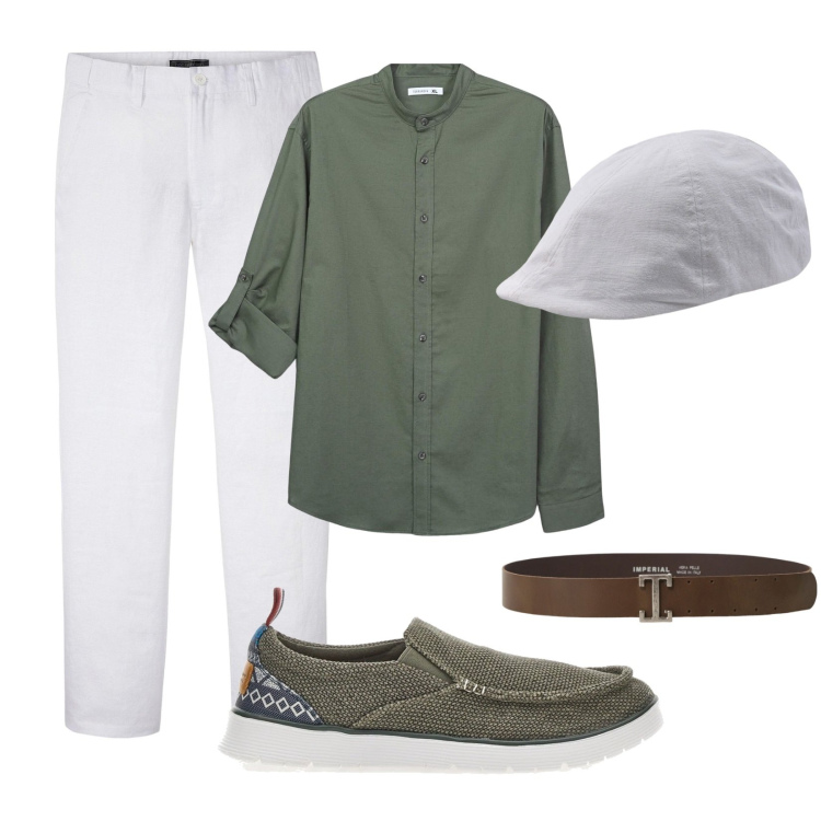 Outfit uomo - Passeggiata in città. Stile Casual per Tutti i giorni. Abbinamento con pantaloni, camicie, cinture, scarpe stringate, cappelli con visiera.